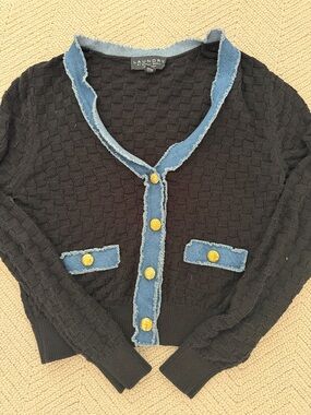 Laundry By Shelli Segal Black Cardigan with Denim-Style Blue Trim